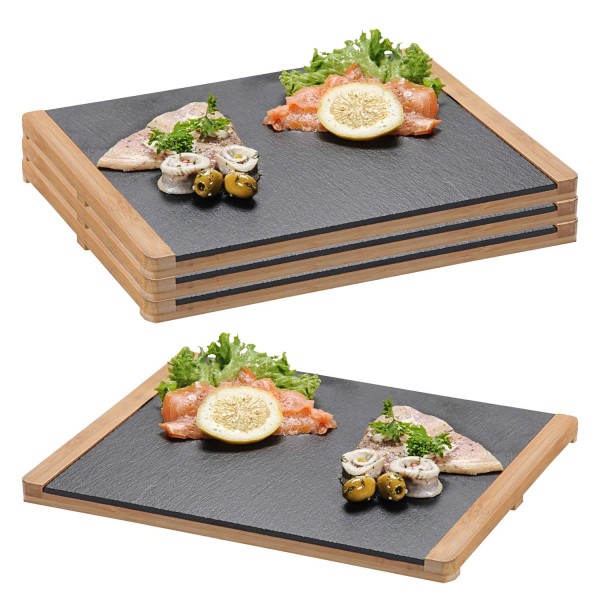 4 Buffetplatten, Schiefer mit Bambusrahmen - 34 x 26cm
