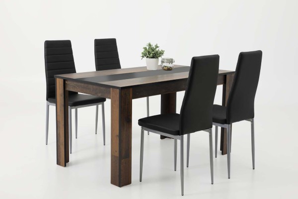Essgruppe Helene IV - 5-tlg. - Tisch Oldwood, 4 Stühle Schwarz