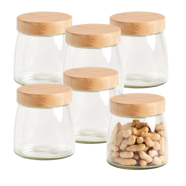 6er Set Vorratsglas mit Bambusdeckel - Ø 12,5 x 13 cm
