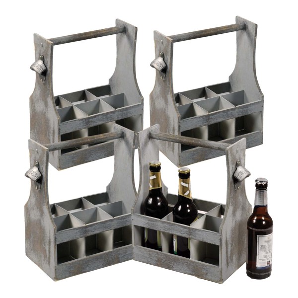 4er Set Flaschenträger mit Flaschenöffner - Vintage grau