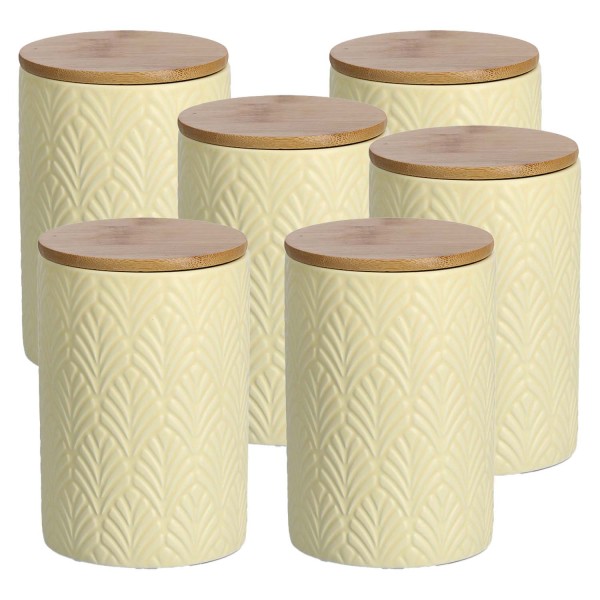 6 Stück Vorratsdose Keramik mit Bambusdeckel, gelb - 720ml, Ø 10cm