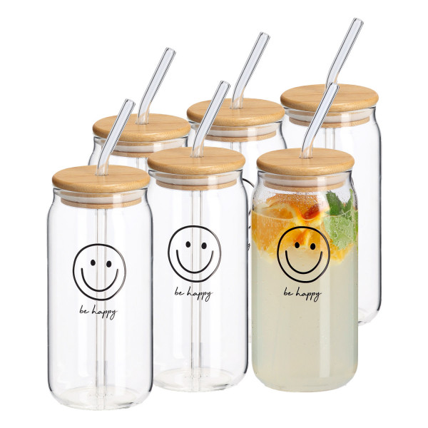 6er Set Trinkglas "be happy" mit Bambusdeckel & Glastrinkhalm