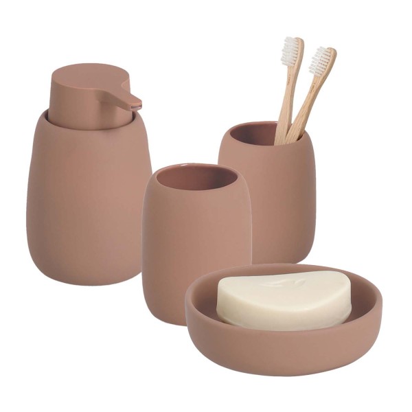 4-teiliges Badaccessoire-Set - Keramik, Mocca