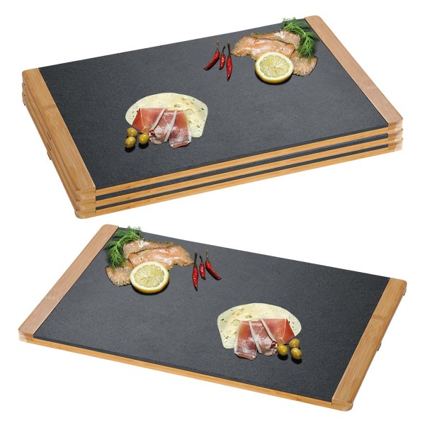 4 Buffetplatten, Schiefer mit Bambusrahmen - 45 x 30cm