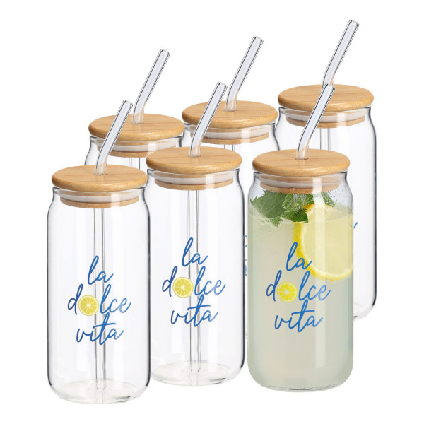 6er Set Trinkglas "la dolce vita" mit Bambusdeckel & Glastrinkhalm