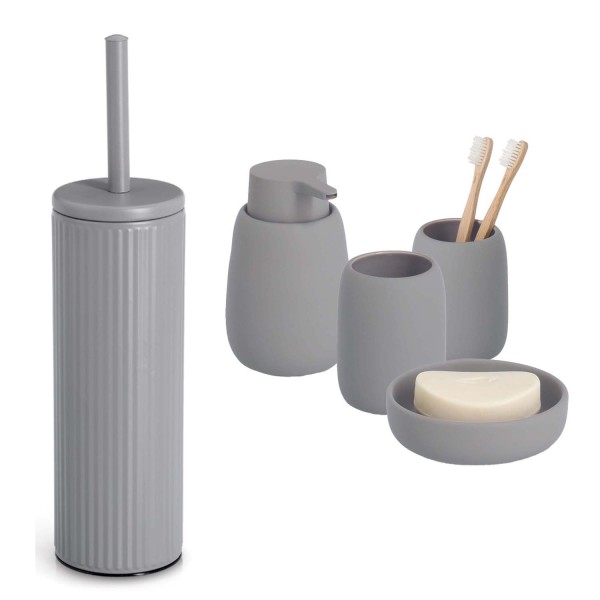 5-teiliges Badaccessoire-Set - Keramik, Grau
