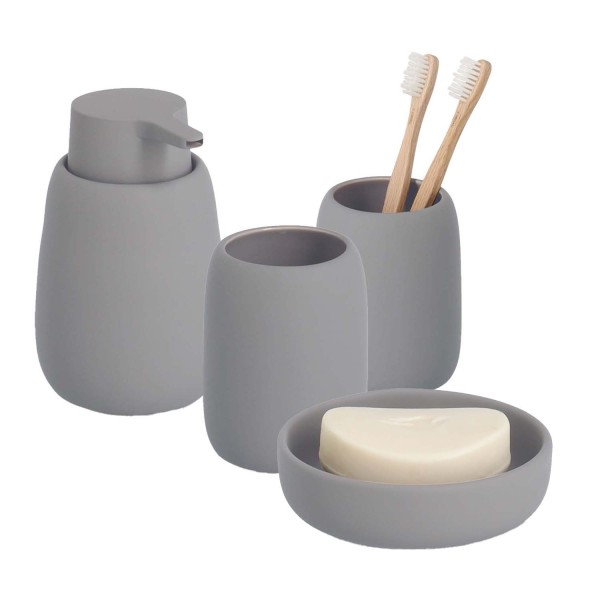 4-teiliges Badaccessoire-Set - Keramik, Grau