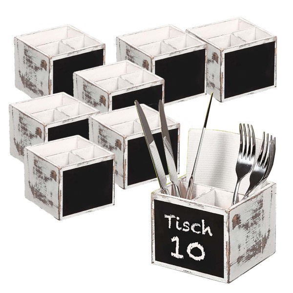8 Stück Besteckbox, 3-fach Einteilung & Kreidetafel - Pappelholz - weiß rustikal