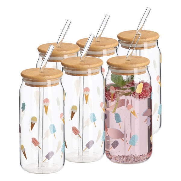6er Set Trinkglas "Ice Cream" mit Bambusdeckel & Glastrinkhalm