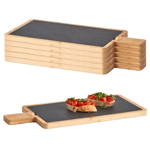 6 Servierplatten, Schiefer mit Bambusbrett - 40 x 19cm