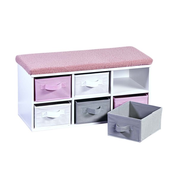 Kinder-Sitzbank mit 6 Aufbewahrungsboxen - Weiß / Rosa