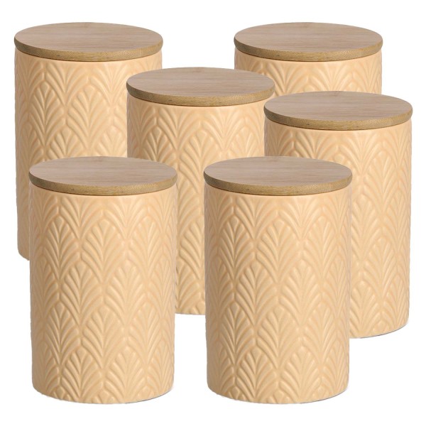 6 Stück Vorratsdose Keramik mit Bambusdeckel, apricot - 720ml, Ø 10cm