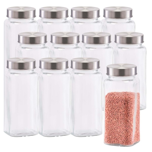 12er Set Vorratsglas mit Edelstahldeckel - 7,5 x 7,5 x 17,5cm