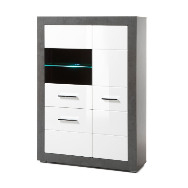 Kleine Vitrine Etero - Weiß Hochglanz Dark Concret - 3-türig